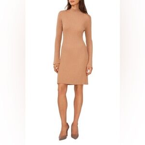 Halogen Sweater Dress Rib Mock Neck Long Sleeve Mini Camel Tan small